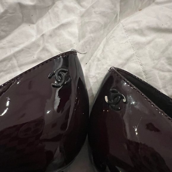Chanel Burgundy Patent Leather With Navy Cap Toe Cut Out Heels - Picture 11 of 13